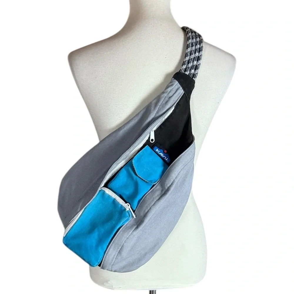 Kavu blue and gray Original rope sling bag with adjustable straps
